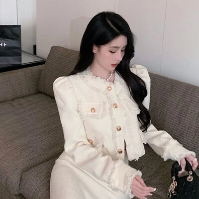 Elegantne narmastega tviidstiilis ülikonnakleit 2-osaline komplekt naistele Kevad-sügis kärbitud salendav küljelt lõhiku kleit Mitmekülgne pikk