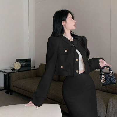 Elegantne narmastega tviidstiilis ülikonnakleit 2-osaline komplekt naistele Kevad-sügis kärbitud salendav küljelt lõhiku kleit Mitmekülgne pikk