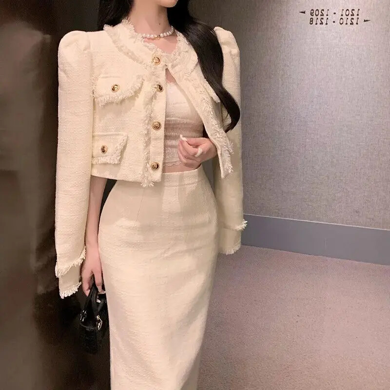 Elegantne narmastega tviidstiilis ülikonnakleit 2-osaline komplekt naistele Kevad-sügis kärbitud salendav küljelt lõhiku kleit Mitmekülgne pikk