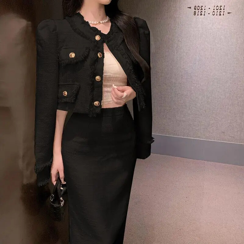 Elegantne narmastega tviidstiilis ülikonnakleit 2-osaline komplekt naistele Kevad-sügis kärbitud salendav küljelt lõhiku kleit Mitmekülgne pikk