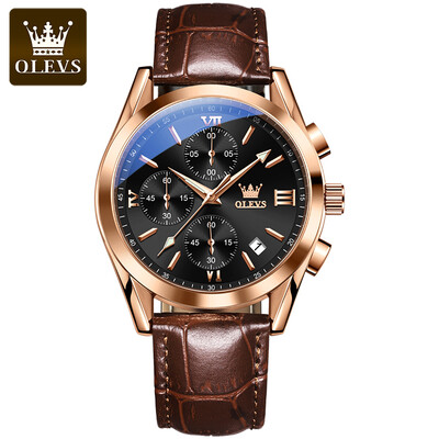 Ανδρικά ρολόγια χειρός OLEVS 2872 Chronograph Δερμάτινο λουράκι αδιάβροχο αυθεντικό ρολόι χαλαζία για άνδρες Πολυτελές αθλητικό ανδρικό ρολόι