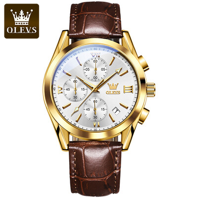 Ανδρικά ρολόγια χειρός OLEVS 2872 Chronograph Δερμάτινο λουράκι αδιάβροχο αυθεντικό ρολόι χαλαζία για άνδρες Πολυτελές αθλητικό ανδρικό ρολόι