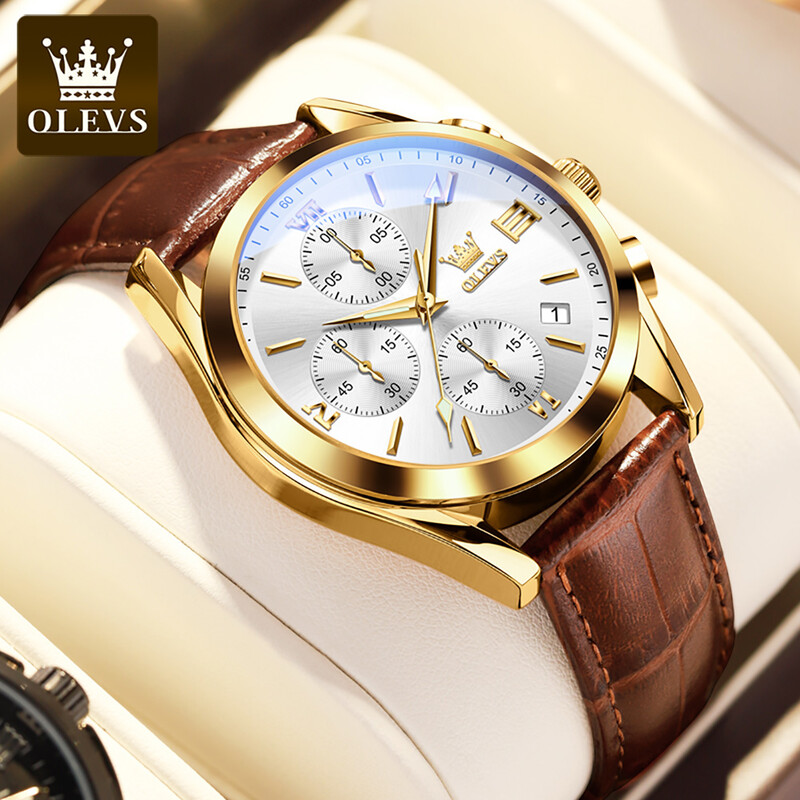 Ανδρικά ρολόγια χειρός OLEVS 2872 Chronograph Δερμάτινο λουράκι αδιάβροχο αυθεντικό ρολόι χαλαζία για άνδρες Πολυτελές αθλητικό ανδρικό ρολόι