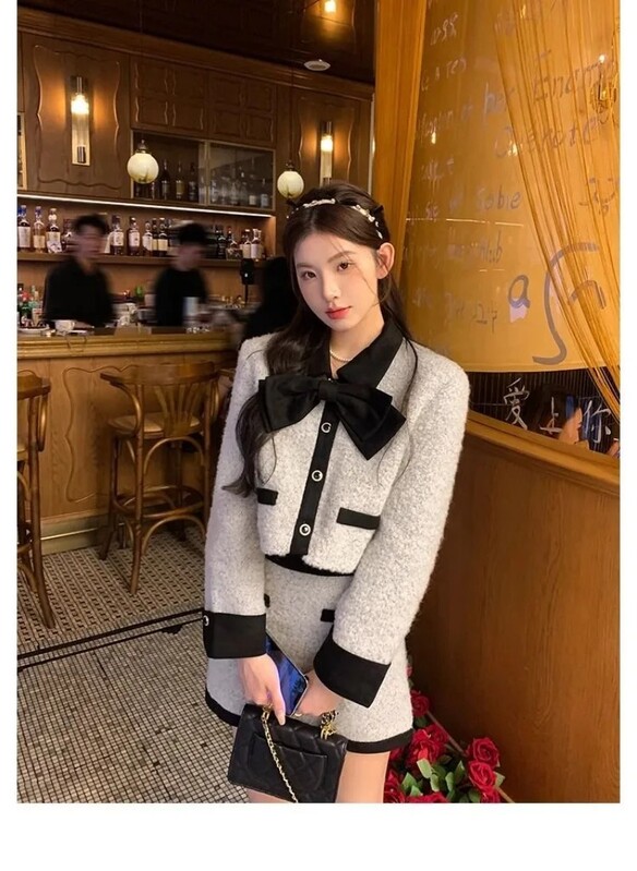 Francuski temperament, slatka vunena kaputna suknja, dvodijelni set, ženski modni polo jednoredno usko odijelo za slavne osobe, kontrastne boje