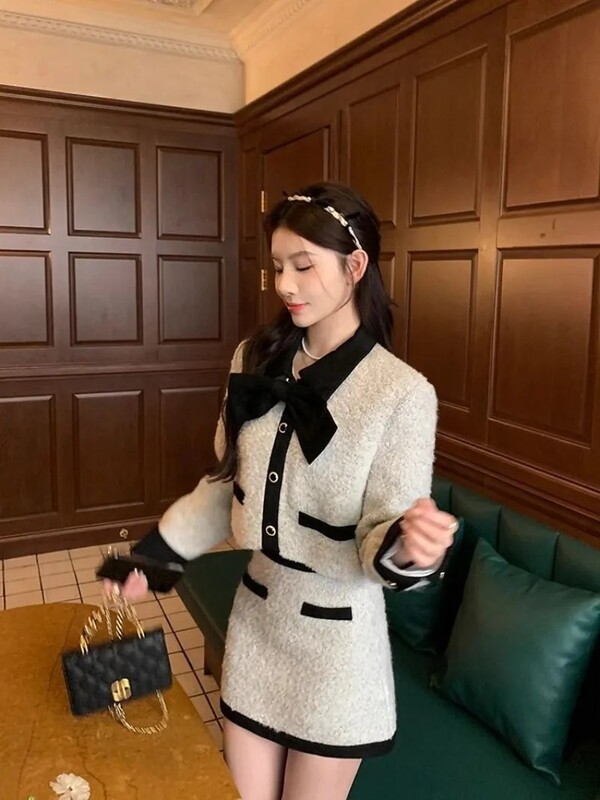 Francuski temperament, slatka vunena kaputna suknja, dvodijelni set, ženski modni polo jednoredno usko odijelo za slavne osobe, kontrastne boje