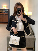 Elegantna ženska odijela od tvida, kompleti od 2 dijela, modni crni kaput s jednorednim kopčanjem + kratka suknja A-kroja, ženski kompleti odjeće