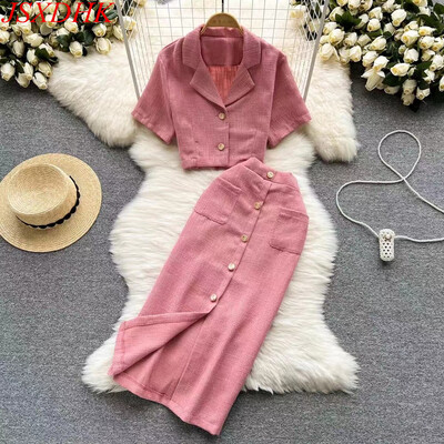 Moda șic coreeană de vară Tweed Set 2 piese femei guler crestat Blazer scurt roz + buzunar cu nasturi Bodycon fuste lungi