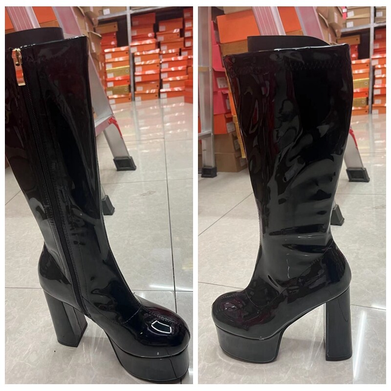 Marka SIMLOVEYO INS, luksuzne dizajnerske platforme, visoke potpetice, lakirane kožne čizme do sredine teleća, tamnocrvene boje, patentni zatvarač Goth, velika veličina 43
