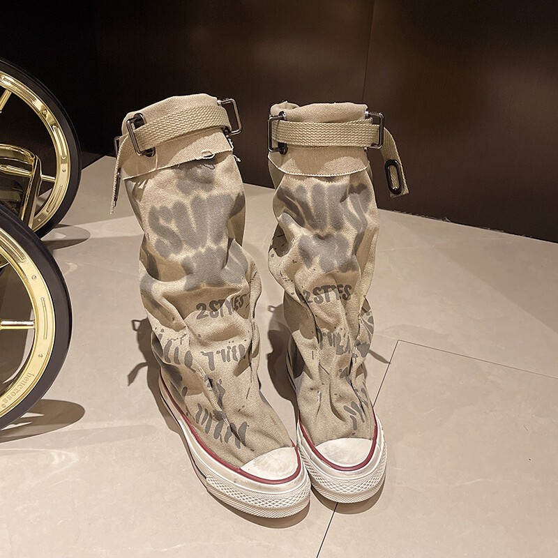 Visoke platnene cipele s grafitima za 2024. Ženske proljetne čizme Široke čizme srednje visine Nove čizme s bačvastim hlačama