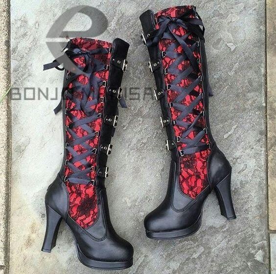 BONJOMARISA čizme s platformom za žene Čizme na gustu visoku petu do srednje noge na vezivanje Goth Gothic Cipele Zima 2023.