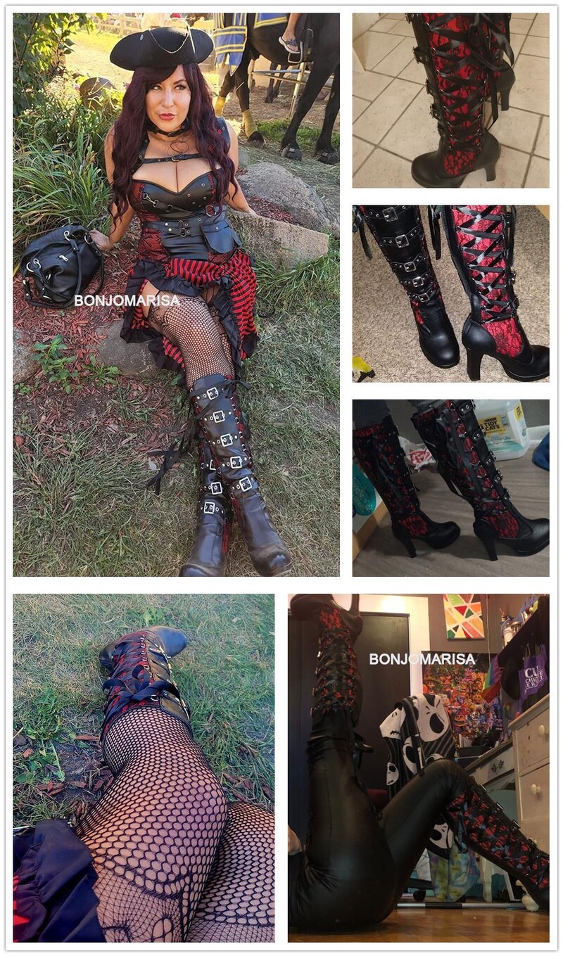 BONJOMARISA čizme s platformom za žene Čizme na gustu visoku petu do srednje noge na vezivanje Goth Gothic Cipele Zima 2023.