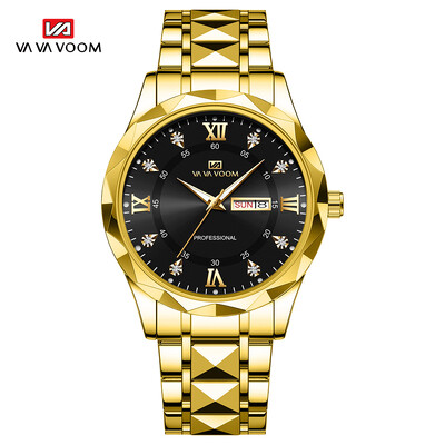 Muški sat Water Diamond Luxury Night Glow s dvostrukim kalendarom Kvarcni mehanizam 41 mm Modni poslovni sat od nehrđajućeg čelika plavo zlato