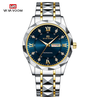 Muški sat Water Diamond Luxury Night Glow s dvostrukim kalendarom Kvarcni mehanizam 41 mm Modni poslovni sat od nehrđajućeg čelika plavo zlato
