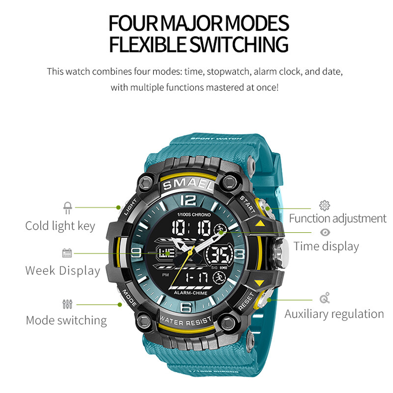 SMAEL brändi spordikellad meeste kvartskäekellad veekindlad kaheajalise ekraaniga sõjalised meeste LED suure ekraaniga digitaalkella äratus