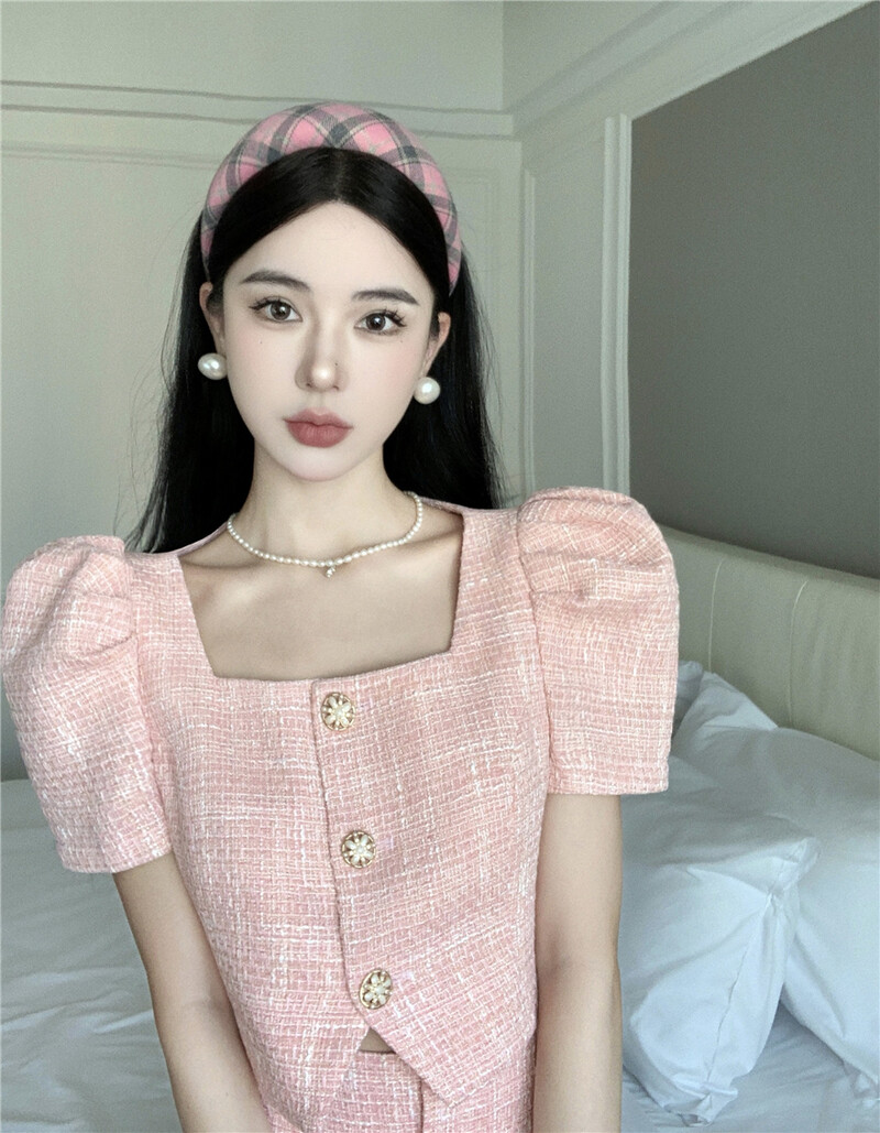 Chic modni francuski ljetni dvodijelni set od tvida, ženski ružičasti kratki blejzer kaput s četvrtastim ovratnikom + midi suknje visokog struka