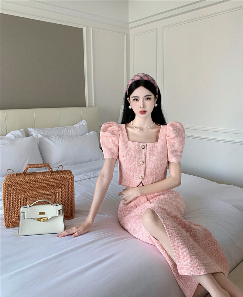Chic modni francuski ljetni dvodijelni set od tvida, ženski ružičasti kratki blejzer kaput s četvrtastim ovratnikom + midi suknje visokog struka