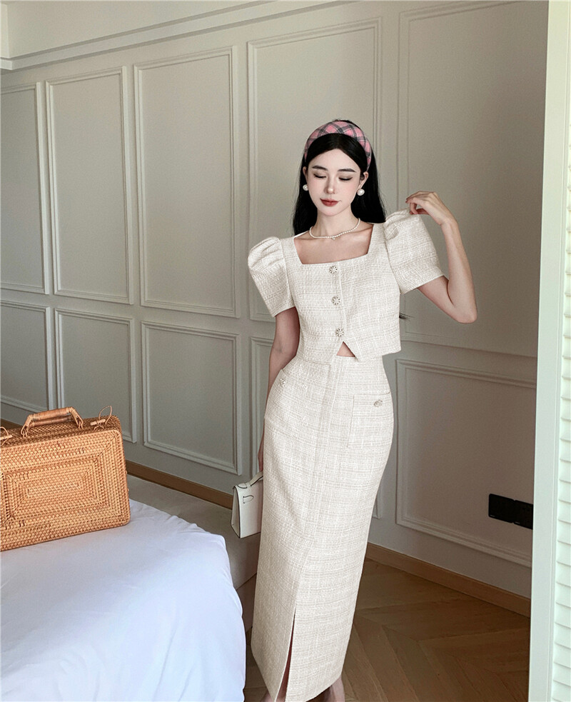 Chic modni francuski ljetni dvodijelni set od tvida, ženski ružičasti kratki blejzer kaput s četvrtastim ovratnikom + midi suknje visokog struka