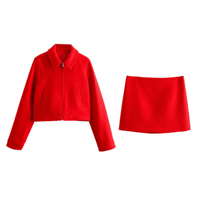 Dvodijelni setovi za žene 2024. High Street modni setovi od tvida s teksturom Odjevni kompleti Jakna s patentnim zatvaračem i mini suknja visokog struka Co Ord Set