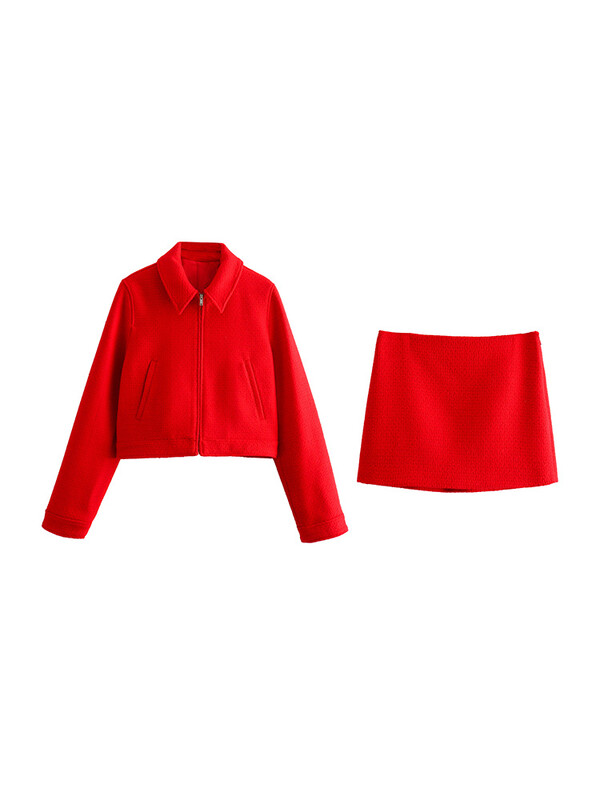 Dvodijelni setovi za žene 2024. High Street modni setovi od tvida s teksturom Odjevni kompleti Jakna s patentnim zatvaračem i mini suknja visokog struka Co Ord Set