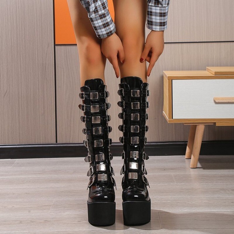 Ženske visoke čizme za cosplay, zimske duge kožne viteške čizme, punk gotičke klasične crne cipele na visoku petu, kaubojske čizme za žene