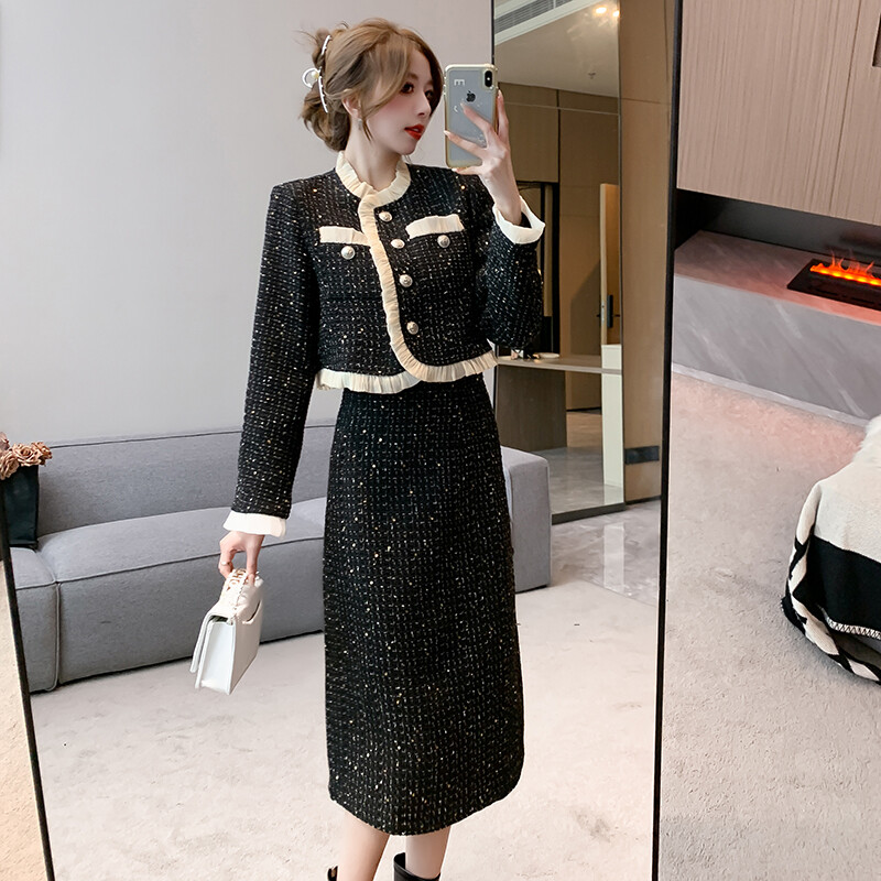 Visokokvalitetni mali dvodijelni set od tvida s mirisom Ženska kratka jakna Kaput + duga suknja Odijela Elegantna korejska uredska odjeća za OL