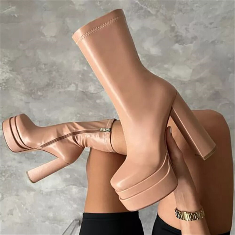 2024. Nove kratke čizme s visokom potpeticom od 8 cm i debelim potplatom s visokom petom Tanke čizme s bočnim patentnim zatvaračem Ženske crne viteške čizme