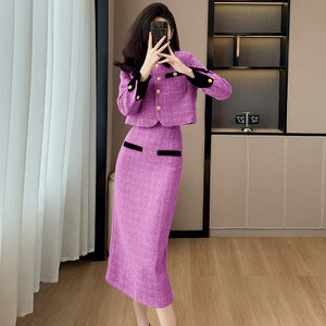 Visokokvalitetni francuski kompleti od 2 komada od tvida s malim mirisom Ženska kratka jakna, kaput + suknja visokog struka, dvodijelni set ženske odjeće