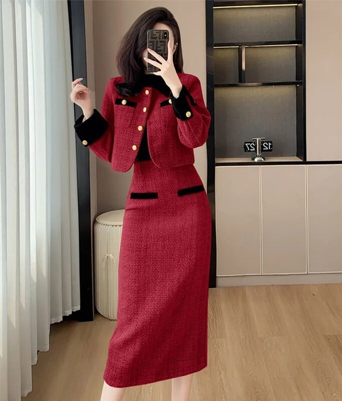Visokokvalitetni francuski kompleti od 2 komada od tvida s malim mirisom Ženska kratka jakna, kaput + suknja visokog struka, dvodijelni set ženske odjeće