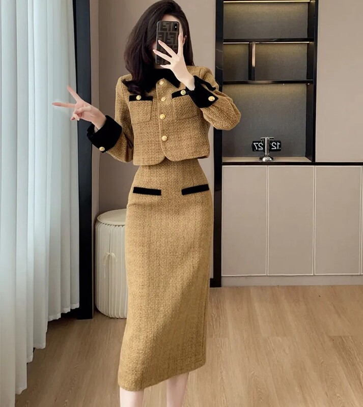 Visokokvalitetni francuski kompleti od 2 komada od tvida s malim mirisom Ženska kratka jakna, kaput + suknja visokog struka, dvodijelni set ženske odjeće