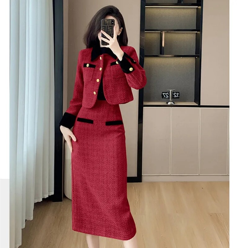 Visokokvalitetni francuski kompleti od 2 komada od tvida s malim mirisom Ženska kratka jakna, kaput + suknja visokog struka, dvodijelni set ženske odjeće