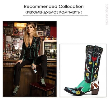 BONJOMARISA Western Cowboy Γυναικείες Μπότες Cowgirl Mid Calf Μπότες Heart Retro κεντημένες slip On Chunky Casual Spring Shoes Woman