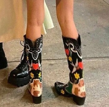 BONJOMARISA Western Cowboy Γυναικείες Μπότες Cowgirl Mid Calf Μπότες Heart Retro κεντημένες slip On Chunky Casual Spring Shoes Woman