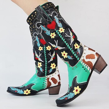 BONJOMARISA Western Cowboy Γυναικείες Μπότες Cowgirl Mid Calf Μπότες Heart Retro κεντημένες slip On Chunky Casual Spring Shoes Woman