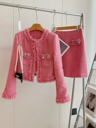 Luksuzni stil Modni dijamanti Ženska vunena jakna i suknja od tvida Elegantna uredska haljina jesen zima 2-dijelna odjeća