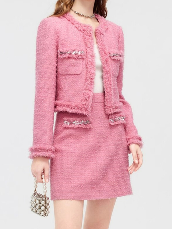 Luksuzni stil Modni dijamanti Ženska vunena jakna i suknja od tvida Elegantna uredska haljina jesen zima 2-dijelna odjeća