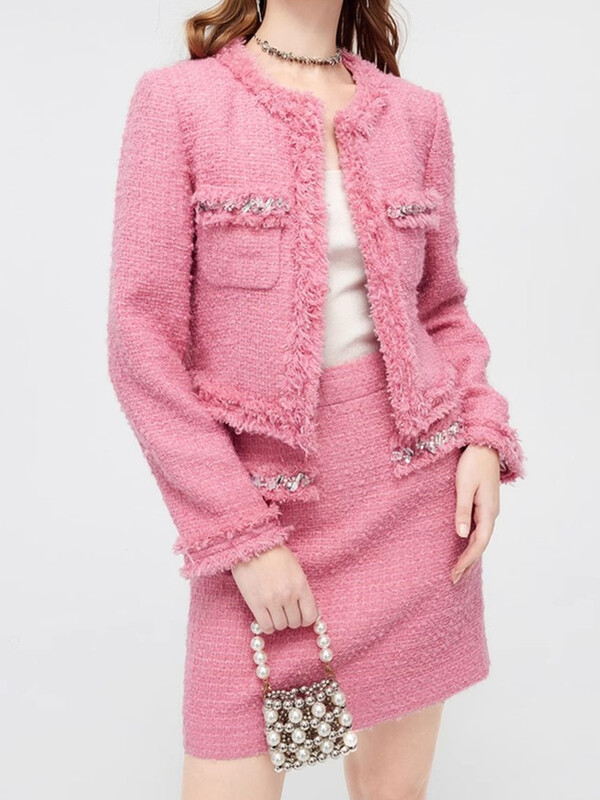 Luksuzni stil Modni dijamanti Ženska vunena jakna i suknja od tvida Elegantna uredska haljina jesen zima 2-dijelna odjeća