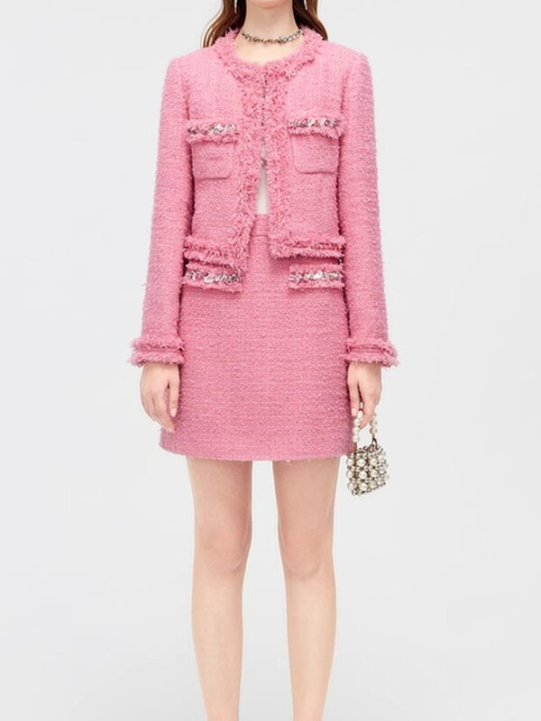 Luksuzni stil Modni dijamanti Ženska vunena jakna i suknja od tvida Elegantna uredska haljina jesen zima 2-dijelna odjeća