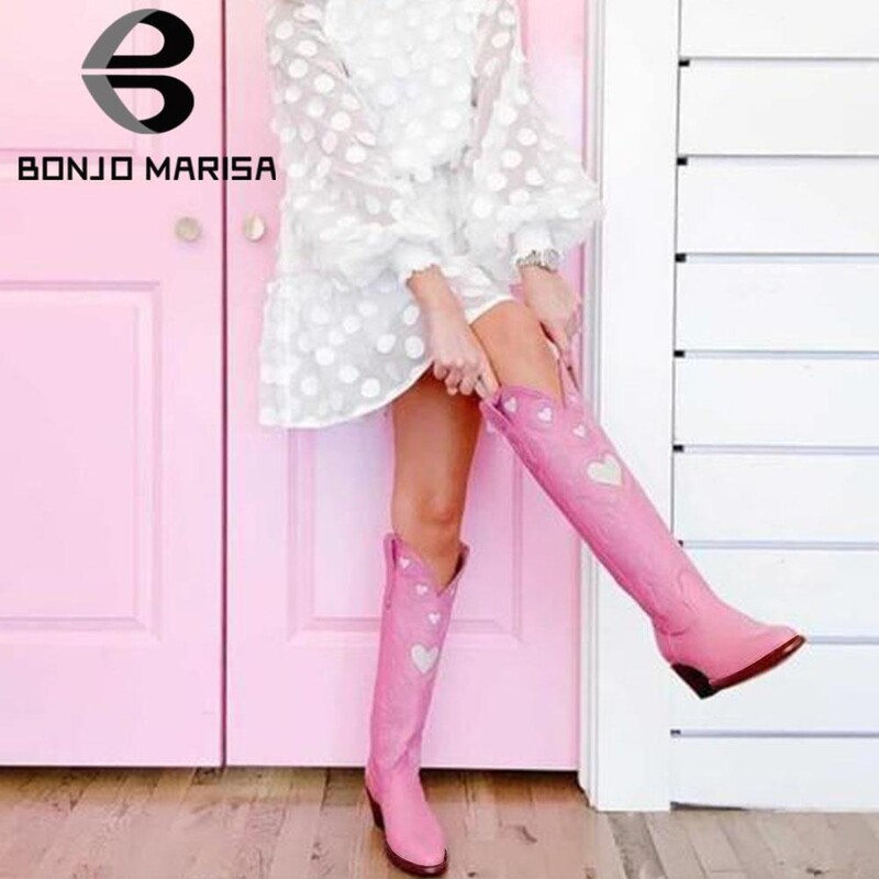 Nova marka, modne šarene ljubavne srca, šarene vestern čizme za žene, kaubojke, kaubojke, ženske čizme na debelu potpeticu