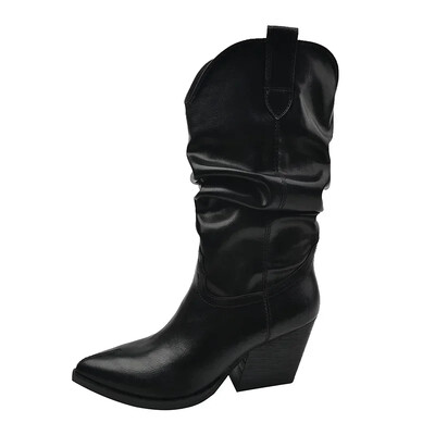 Ψηλοτάκουνα Mid Calf Πλισέ Γυναικείες Μπότες Φθινόπωρο Χειμώνα καφέ Pu Δερμάτινες Western Μπότες Γυναικεία Χονδρό Τακούνι Cowgirl Botas Mujer