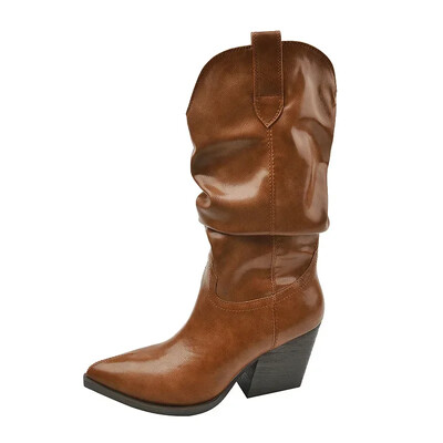 Ψηλοτάκουνα Mid Calf Πλισέ Γυναικείες Μπότες Φθινόπωρο Χειμώνα καφέ Pu Δερμάτινες Western Μπότες Γυναικεία Χονδρό Τακούνι Cowgirl Botas Mujer