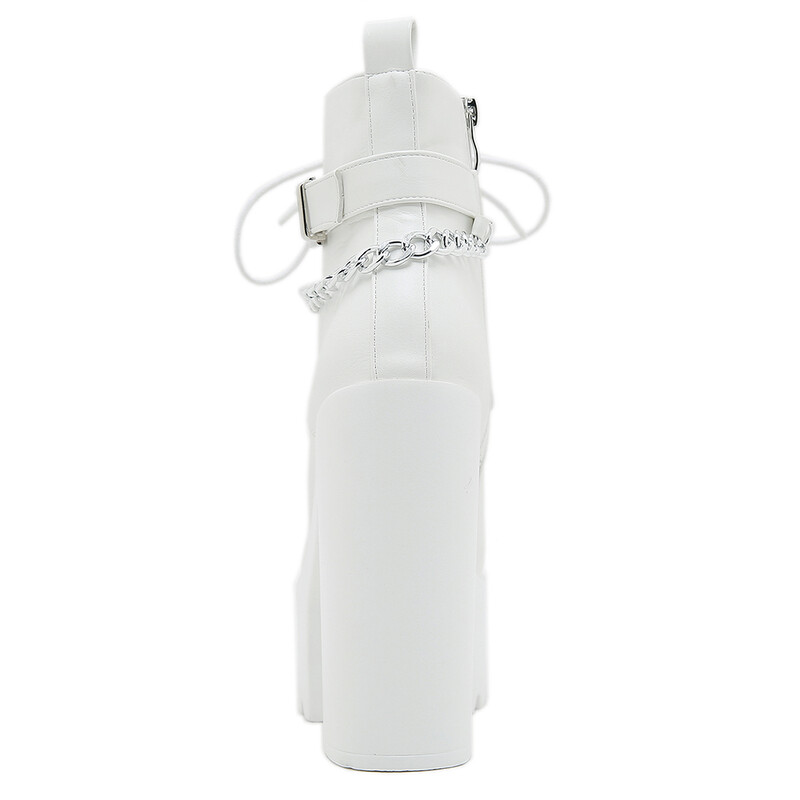 Gdgydh Дамски ботуши с ток с верижен декор Модни ботуши на платформа със страничен цип с връзки Стилни боти до глезена Високи токчета