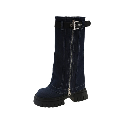 Visokokvalitetne ženske zimske modne zakovice, bočni patentni zatvarač koji blokira boju, debela visoka peta Motorističke čizme s kvadratnom glavom