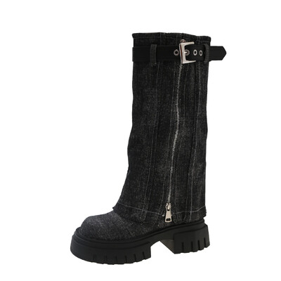 Visokokvalitetne ženske zimske modne zakovice, bočni patentni zatvarač koji blokira boju, debela visoka peta Motorističke čizme s kvadratnom glavom