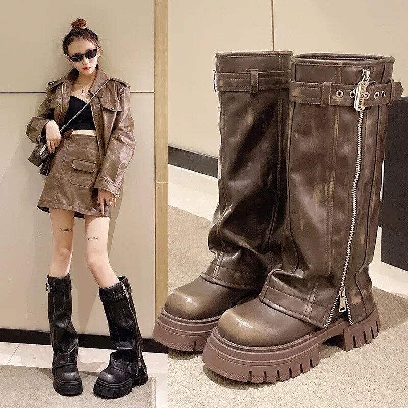 Visokokvalitetne ženske zimske modne zakovice, bočni patentni zatvarač koji blokira boju, debela visoka peta Motorističke čizme s kvadratnom glavom