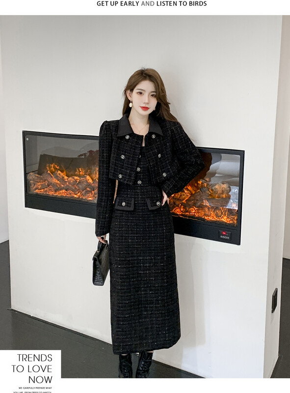 Luksuzni dvodijelni set od tvida Ženska odjeća Ženska vintage kratka jakna na rever Kaput + odijelo na naramenice Jesen Zima Vuneni S