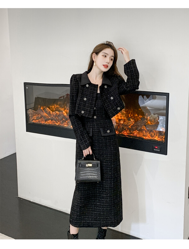 Luksuzni dvodijelni set od tvida Ženska odjeća Ženska vintage kratka jakna na rever Kaput + odijelo na naramenice Jesen Zima Vuneni S