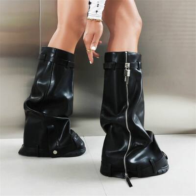 Lock Metalne ženske čizme s platformom Trend 2024. Ženske čizme velike veličine s patentnim zatvaračem Punk stilske čizme na klinove Ženske ženske cipele