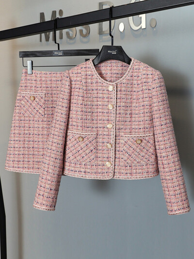 Mici Parfumuri Vintage Tweed Set Două Piese Femei Crop Top Lână Jachetă Scurtă Jachetă + Mini Fuste Seturi Roz Costume Două Piese