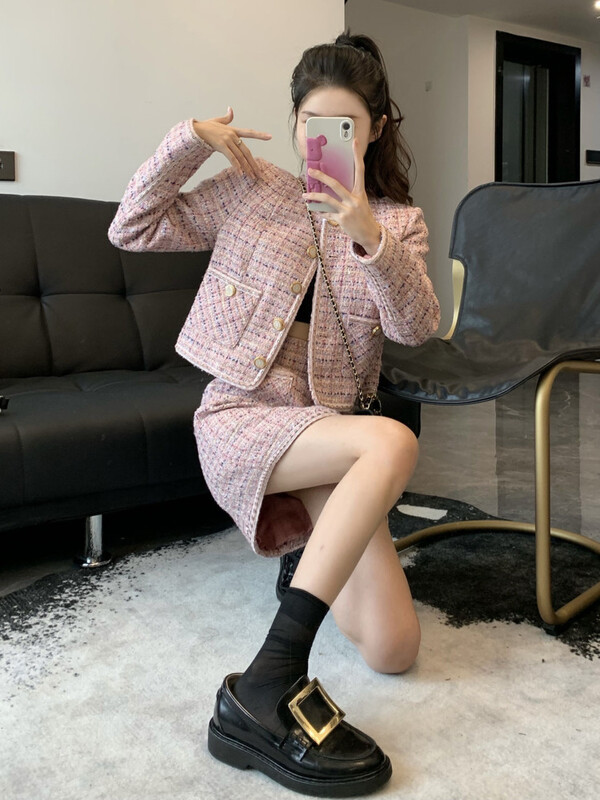 Mali mirisni vintage dvodijelni set od tvida Ženska skraćena vunena kratka jakna Kaput + kompleti mini suknji Ružičasta dvodijelna odijela