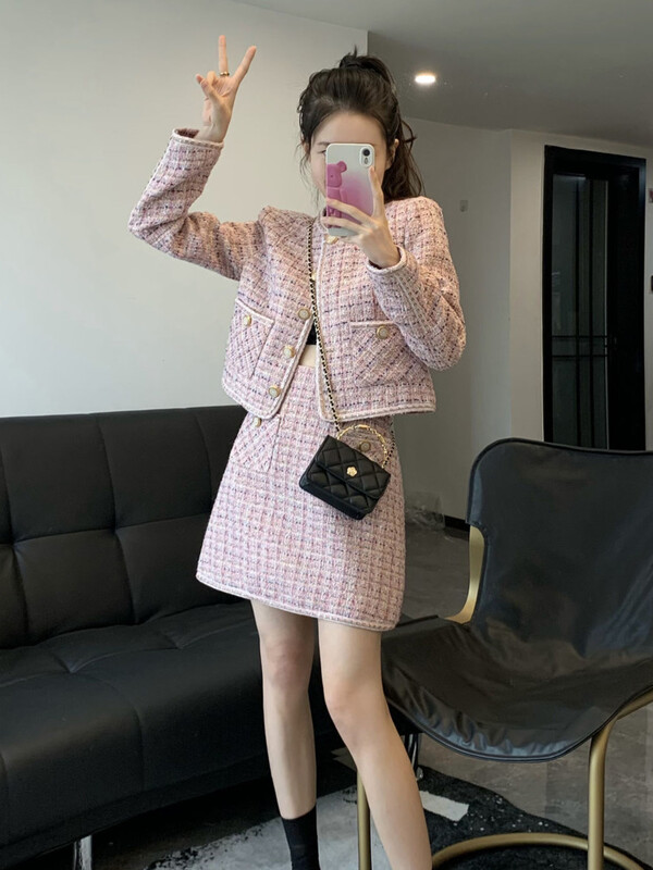 Mali mirisni vintage dvodijelni set od tvida Ženska skraćena vunena kratka jakna Kaput + kompleti mini suknji Ružičasta dvodijelna odijela